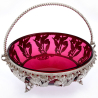 Victorian Silver Plated Basket with a Cranberry Red Glass Liner and Beaded Swing Handle