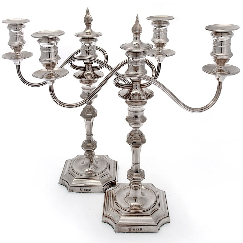Pair of George II Style Silver Candelabra with Detachable Three Light Branches