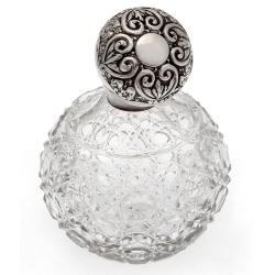 Pair of Large Globe Shaped Silver Top Perfume Bottles with Hob Cut Glass Bodies