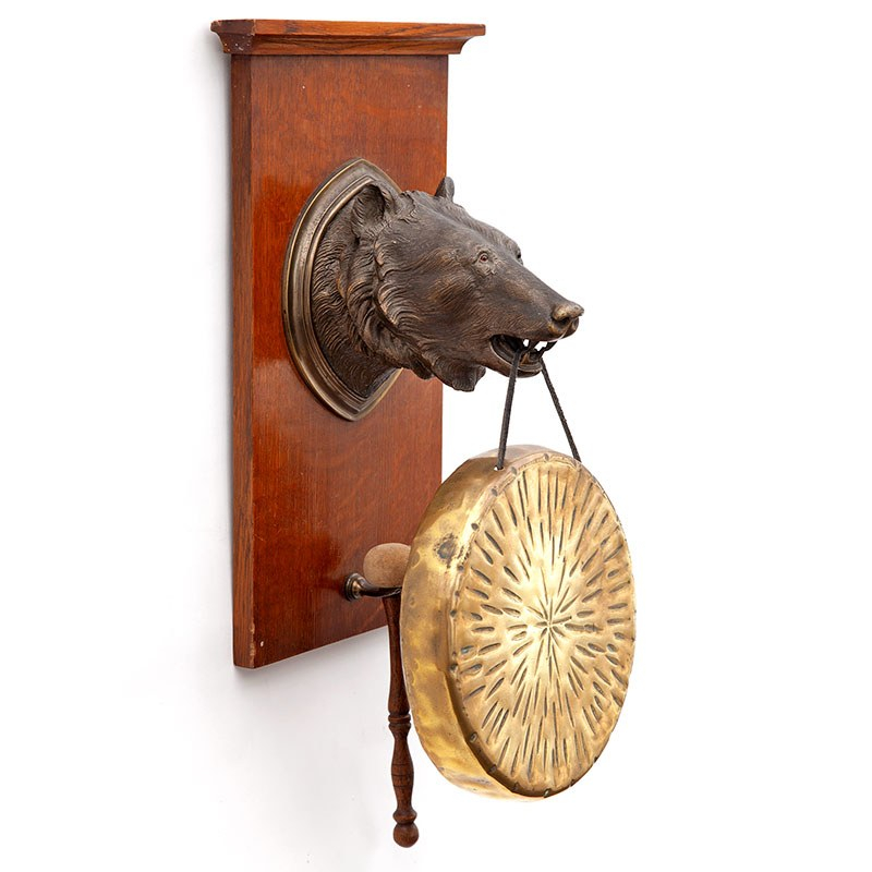 Bronze Bear Head Wall Mounted Gong with a Circular Brass Gong