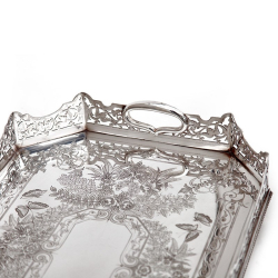Victorian Silver Plated Cut Corner Gallery Tray Engraved with Butterflies and Ferns