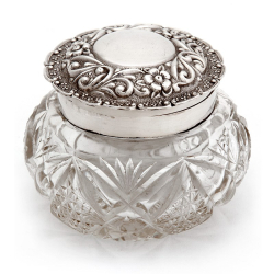 Edwardian Dressing Table Jar with a Hinged Silver Floral Repousse Lid and Cut Glass Body