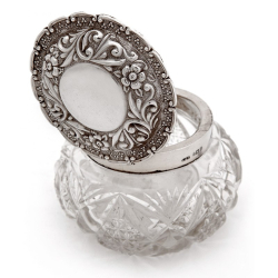 Edwardian Dressing Table Jar with a Hinged Silver Floral Repousse Lid and Cut Glass Body