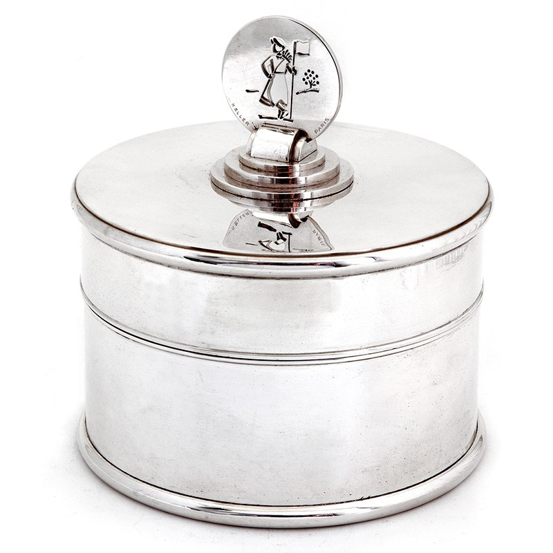 French Art Deco Circular Silver Plated Box with Golfing Theme Finial