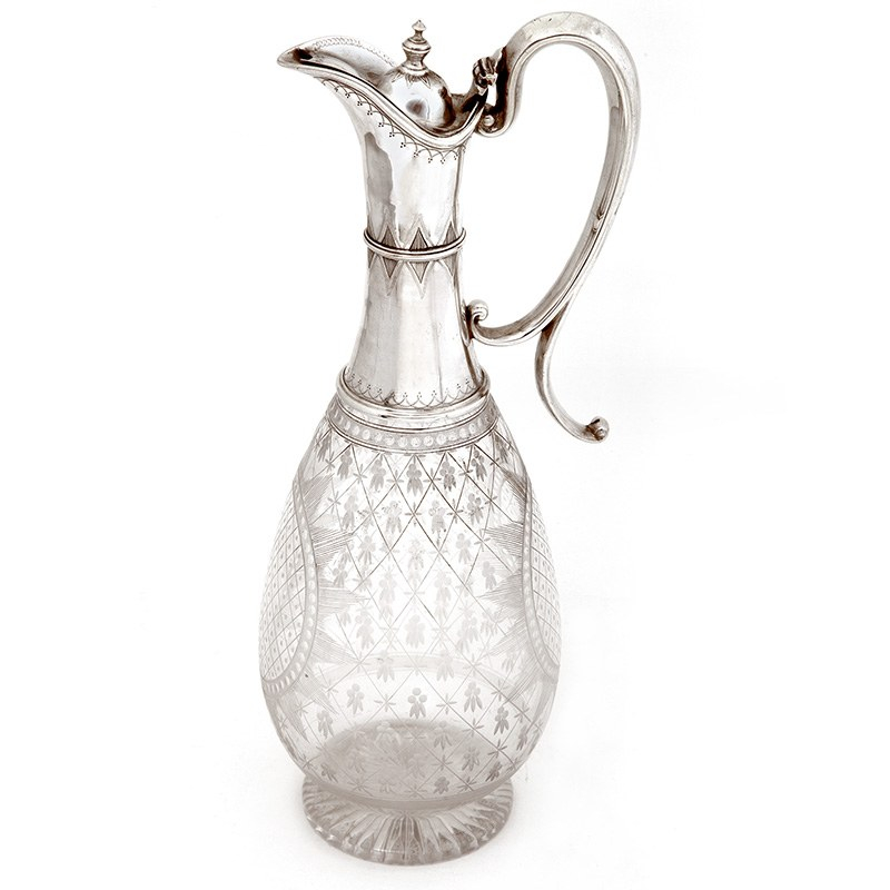 Victorian Silver Claret Jug with Star Cut and Oval Lattice Paneled Glass Body