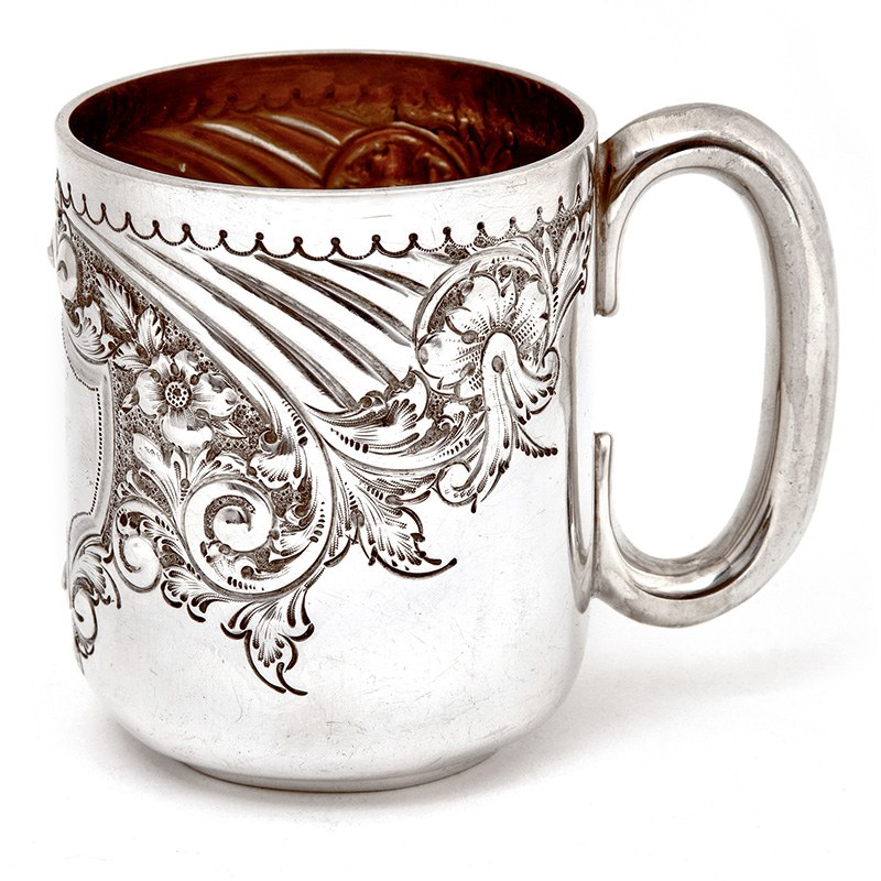 Edwardian Silver Child or Christening Mug Hand Chased with Flowers and Scrolls (1909)