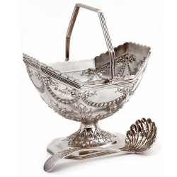 Boxed Victorian Silver Sugar Basket with Matching Sifter Spoon