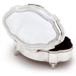 Shaped Silver Jewellery Box Standing on Four Scroll Feet with Blue Velvet Lining