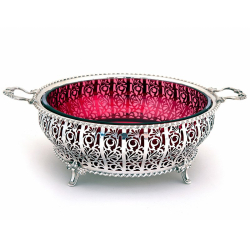 Mappin & Webb Silver Bowl with Gadroon Border and Cranberry Glass Liner