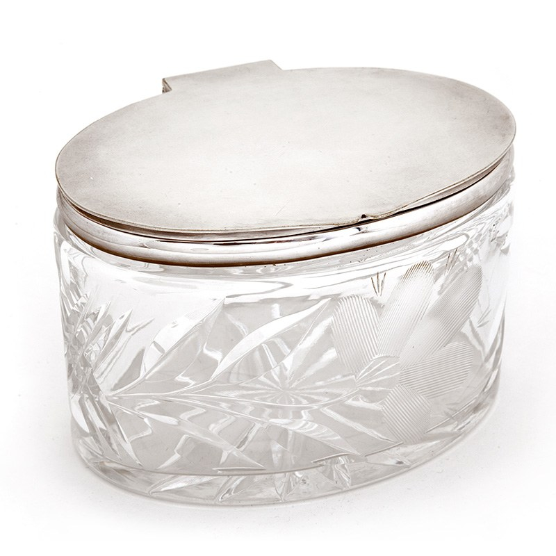 Oval Glass and Silver Plated Box with a Plain Lid and Cut Glass Design of Leaves and an Engraved Flower