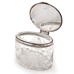 Oval Glass and Silver Plated Box with a Plain Lid and Cut Glass Design of Leaves and an Engraved Flower