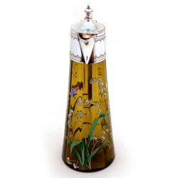 Victorian Silver Plated Green Glass Claret Jug with Enamel Scenes of Flowers and Butterflies