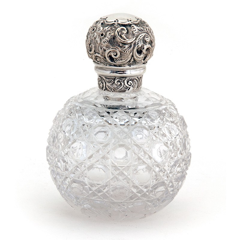 Victorian Silver and Cut Clear Crystal Glass Globe Shape Scent Bottle