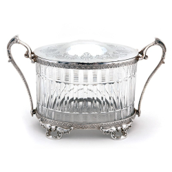 Decorative Oval Victorian Silver Plated Biscuit Box with Cut Glass Body Hinged Lid and Hinged Handles