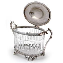 Decorative Oval Victorian Silver Plated Biscuit Box with Cut Glass Body Hinged Lid and Hinged Handles