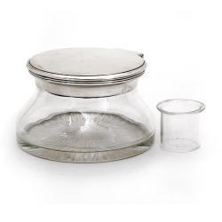 Plain Mounted Edwardian Circular Ink Pot with a Plain Hinged Lid and a Shaped Clear Glass Body