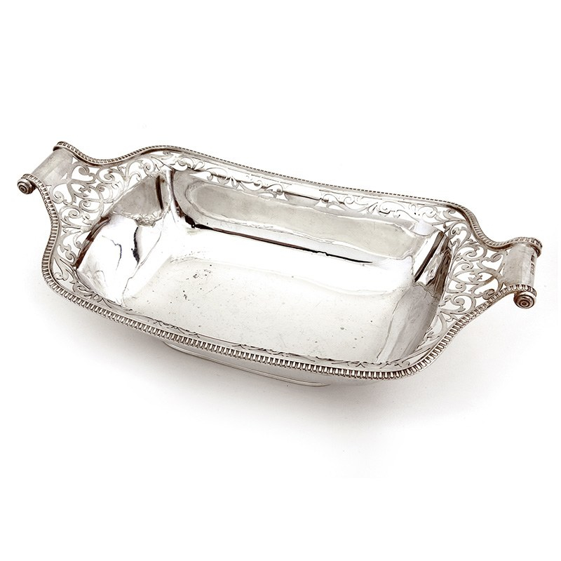 Edwardian Rectangular Silver Dish or Basket with Two Scroll Handles