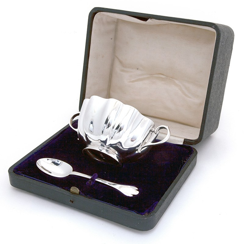 Boxed Silver Bowl with Two Handles and a Matching Trefid Style Spoon