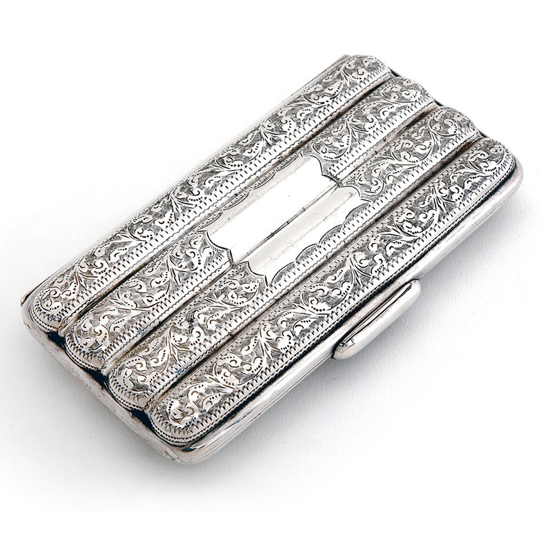 Quality Victorian Silver Four Section Cigar Case Engraved with Floral Leaves and Scrolls