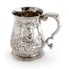 George II Silver Christening Mug with a Chased Floral and Scroll Baluster Form Body
