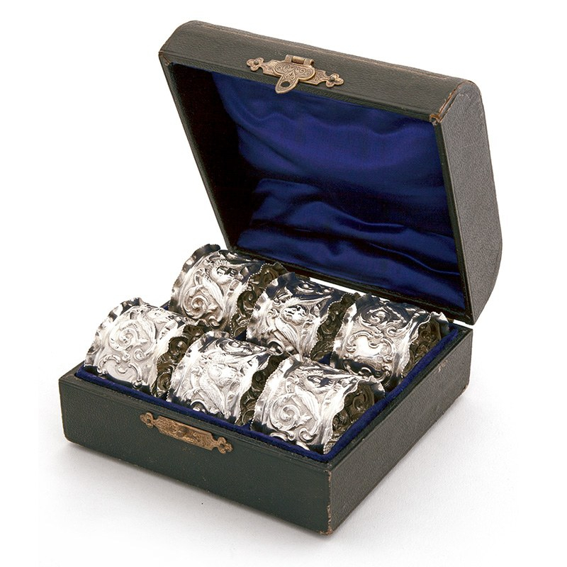Set of Six Edwardian Silver Napkin Rings Fitted in a Blue Silk and Velvet Lined Box