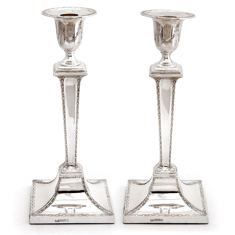 Pair of Silver Candle Sticks Decorated with Fine Garlands to the Stems