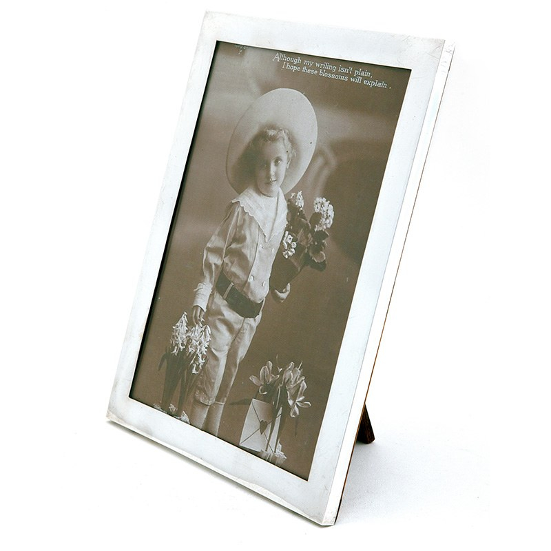 Plain Silver Antique Photo or Picture Frame with an Oak Easel Stand Back