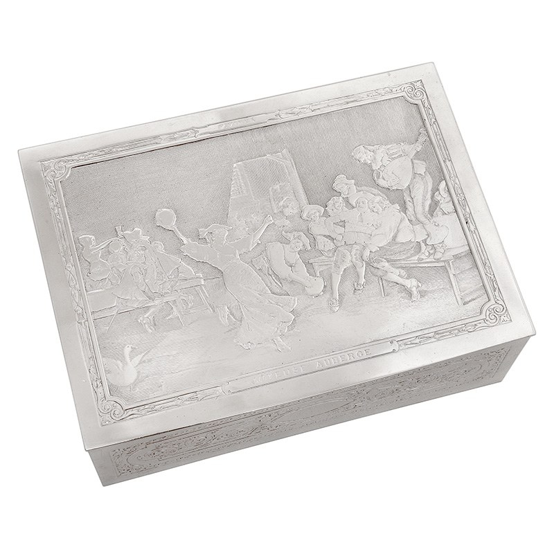 French Silver Plated Hinge Lidded Joyeuse Auberge Box with Scenes by Italian Artist Francesco Vinea