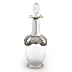 Victorian Silver and Dimpled Glass Tall Decanter with Silver Pouring Spouts and Silver Shoulders