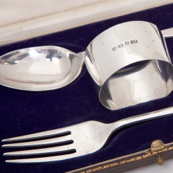 Plain Silver Boxed Christening Fork and Spoon with Matching Napkin Ring
