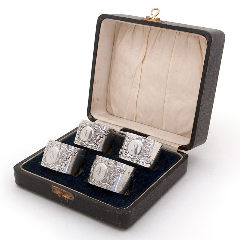 Boxed Set of Four Edwardian Numbered Silver Napkin Rings