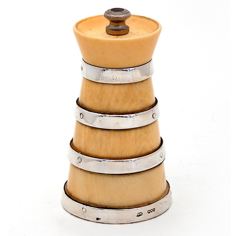 Churn Shaped Ivory and Silver Pepper Mill with Four Hallmarked Silver Bands