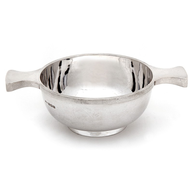 Circular Silver Porringer or Quaich Bowl with Two Applied Tab Handles