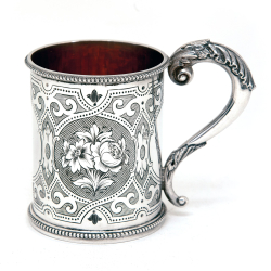 Victorian Silver Christening Mug Hand Engraved with Scenes of Flowers and a Gilt Interior