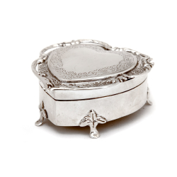 Edwardian Heart Shape Silver Jewellery Box with a Cast Applied Border and Blue Velvet Interior
