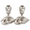 Pair of Edwardian Silver Dwarf Candlesticks with Garland and Fluted Capitals Leading to Circular Acanthus Style Collar