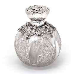 Edwardian Silver & Cut Glass Perfume Bottle in an Art Nouveau Style with Silver Floral Shoulders