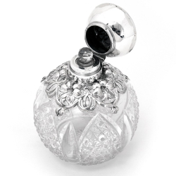 Edwardian Silver & Cut Glass Perfume Bottle in an Art Nouveau Style with Silver Floral Shoulders