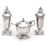 Boxed Four Piece Silver Condiment Set Comprising Salt, Pepper, Mustard Pot and Spoon