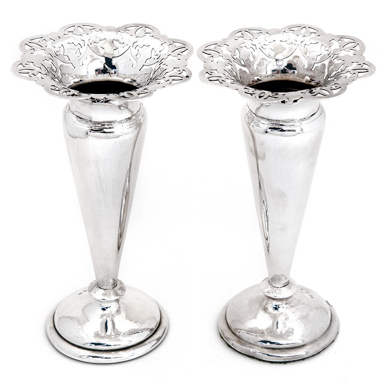 Pair Victorian Silver Trumpet Shaped Vases with Pierced Floral Petal Shaped Flared Rims