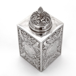 Edwardian Silver Tea Caddy with Four Sided Body Chased with Flowers and Scrolls