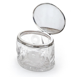 Oval Silver Plate and Cut Glass Box with a Plain Hinged Lid and Floral Border