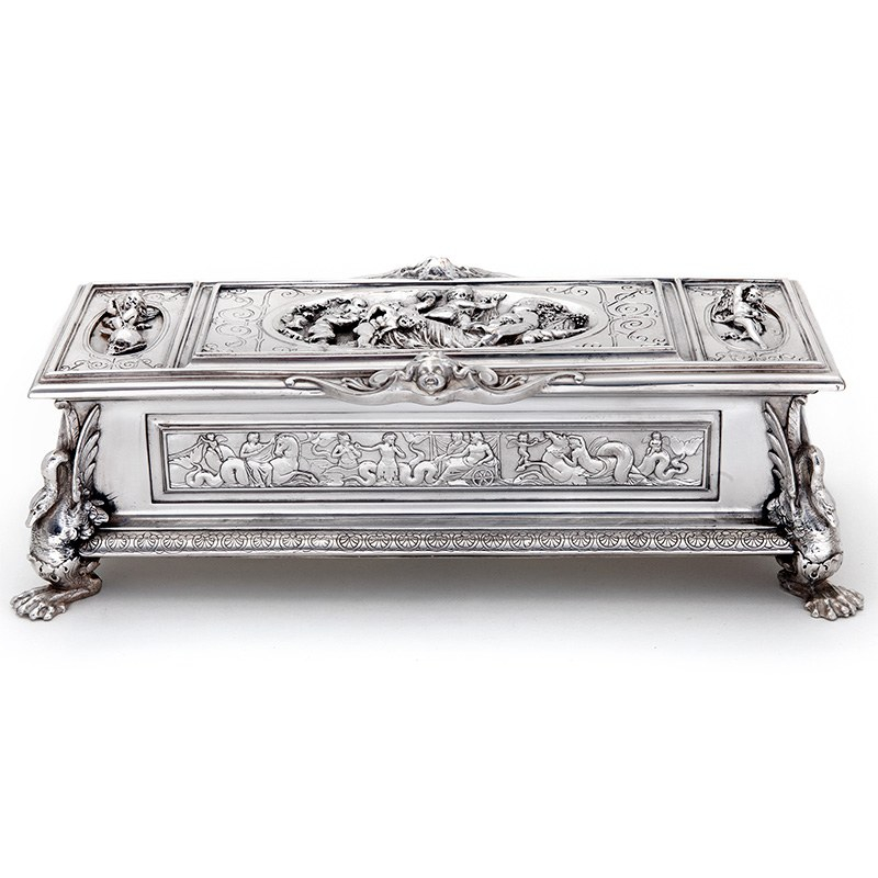 Elkington & Co Mason Silver Plate Casket Heavily Decorated with Cherubs and a Reclining Maiden