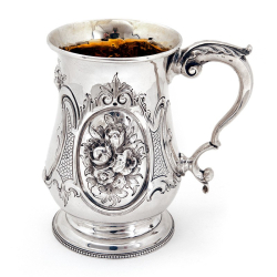 Victorian Silver Pint Mug Chased with Rococo Flowers
