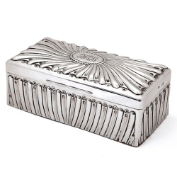Victorian Silver Table Top Cigar Box with a Chased Scroll Design and Hinged Lid