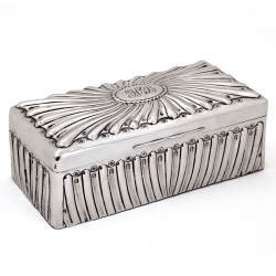 Antique Silver Table Top Cigar Box with a Chased Scroll Design and Hinged Lid
