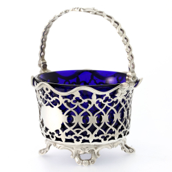 Victorian Silver Swing Handle Sugar Basket with Blue Glass Liner
