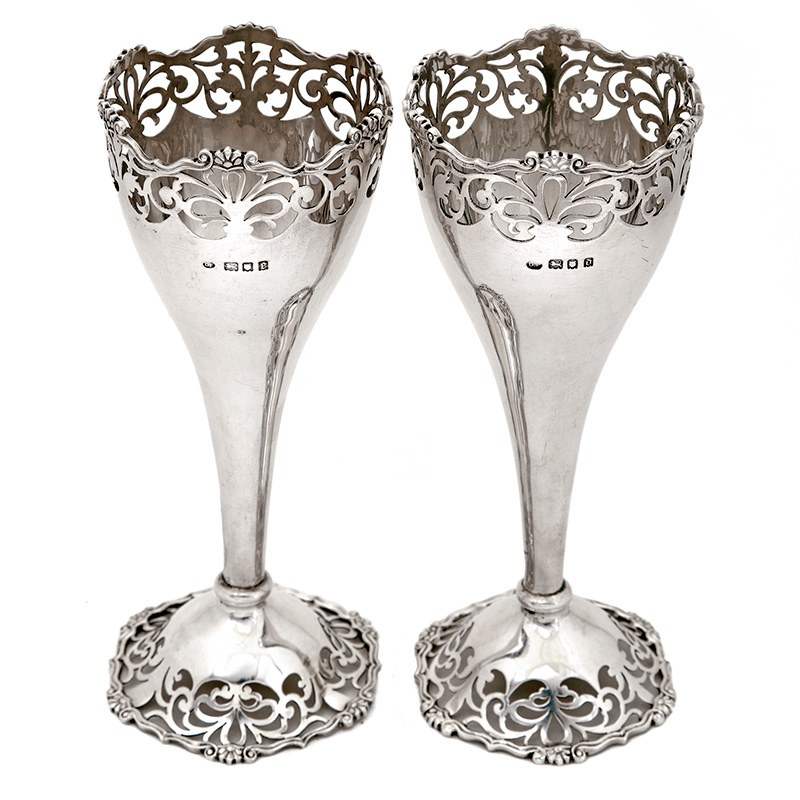 Pair of Trumpet Shaped Silver Vases with Cast Floral Mounts and Scroll Piercing