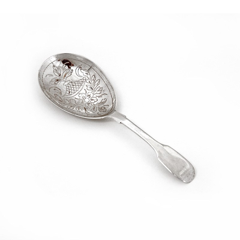 Early Victorian Silver Tea Caddy Spoon Hand Engraved with Scenes of Flowers and Foliage