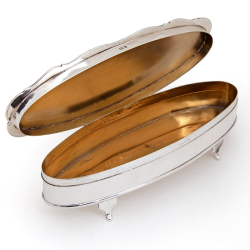 Oval Edwardian Silver Jewellery Box with a Gilt Interior and Scroll Border Hinged Lid
